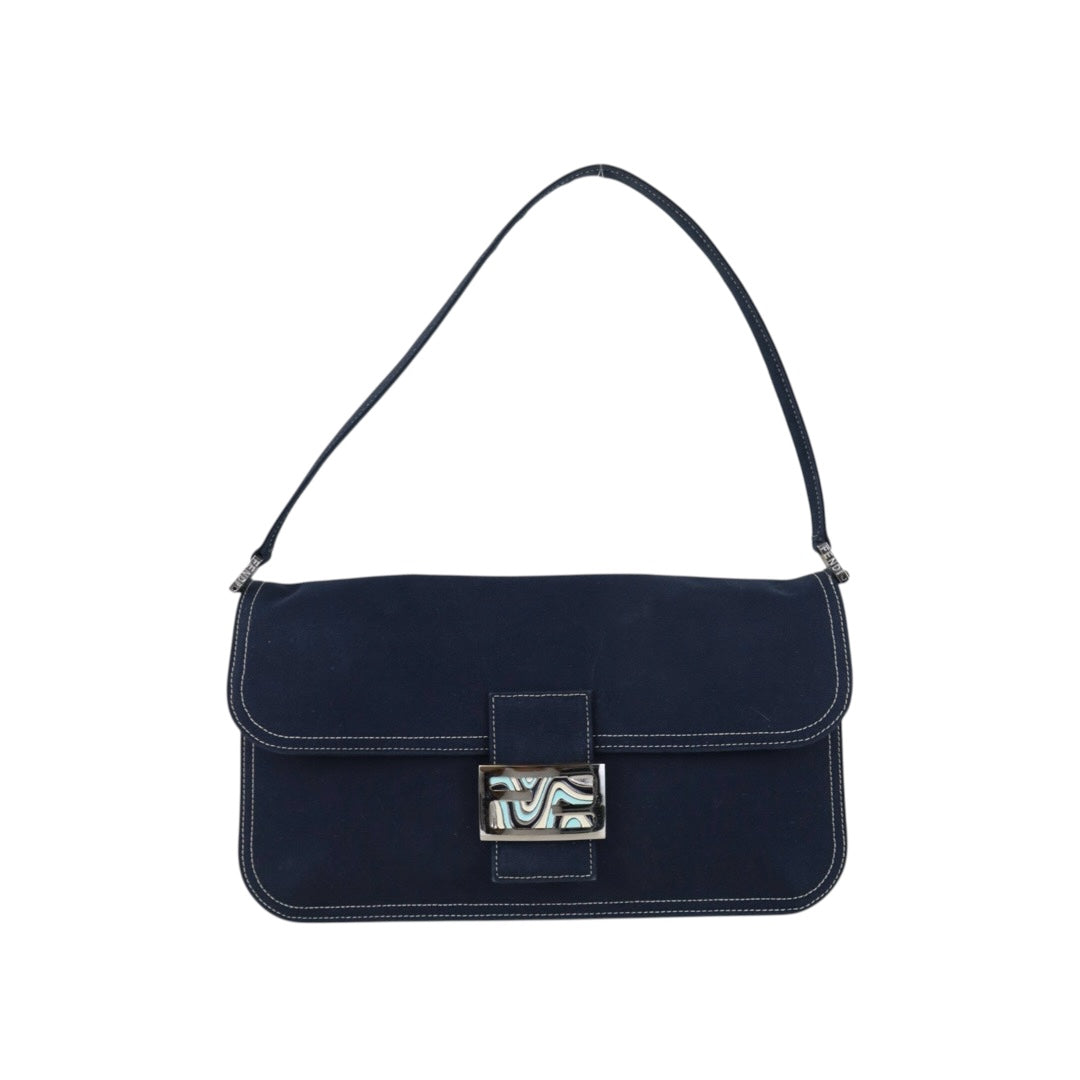 Include Entrupy Certificate of Authenticity｜Good ( Rank AB) ｜ FENDI Denim Baguette Enamel Clasp Shoulder Bag Blue｜S26072525