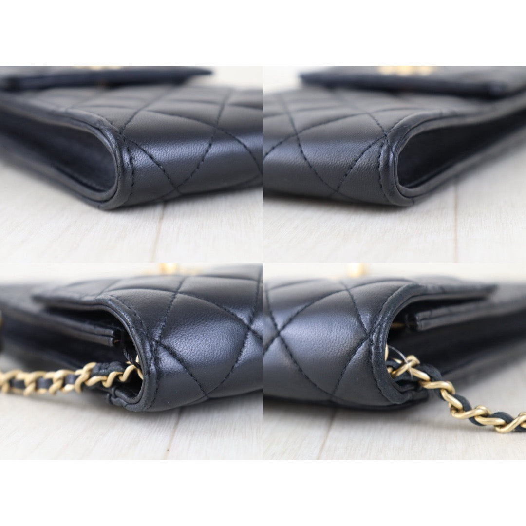 Include Entrupy Certificate of Authenticity｜Very Good（Rank A）｜CHANEL Lamb Skin  Flap Phone Holder Chain Shoulder Bag Black Made In 2022-2023 Year ｜Z26101202