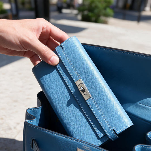 Include Entrupy Certificate of Authenticity｜Very Good ( Rank A)｜ HERMES Goatskin Kelly Long Wallet Etoupe □O Stamp Made In 2011Year Bleu Jean｜X26100708