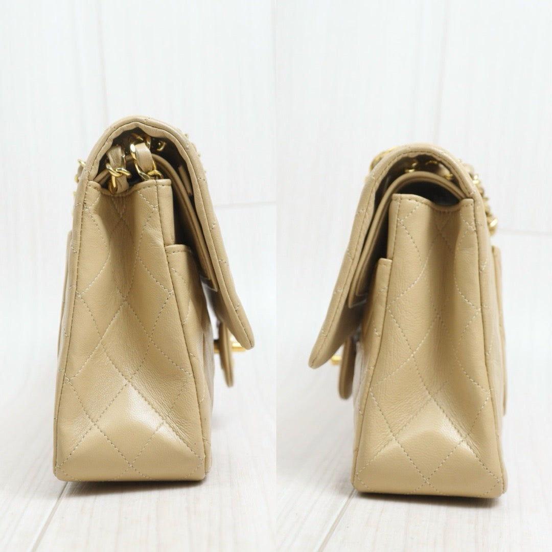 Include Entrupy Certificate of Authenticity｜Good ( Rank AB)｜ CHANEL Lamb Skin Matrasse Chain Double Flap 25 Shoulder Bag  Beige Made In 1989-1991 Year｜26092503