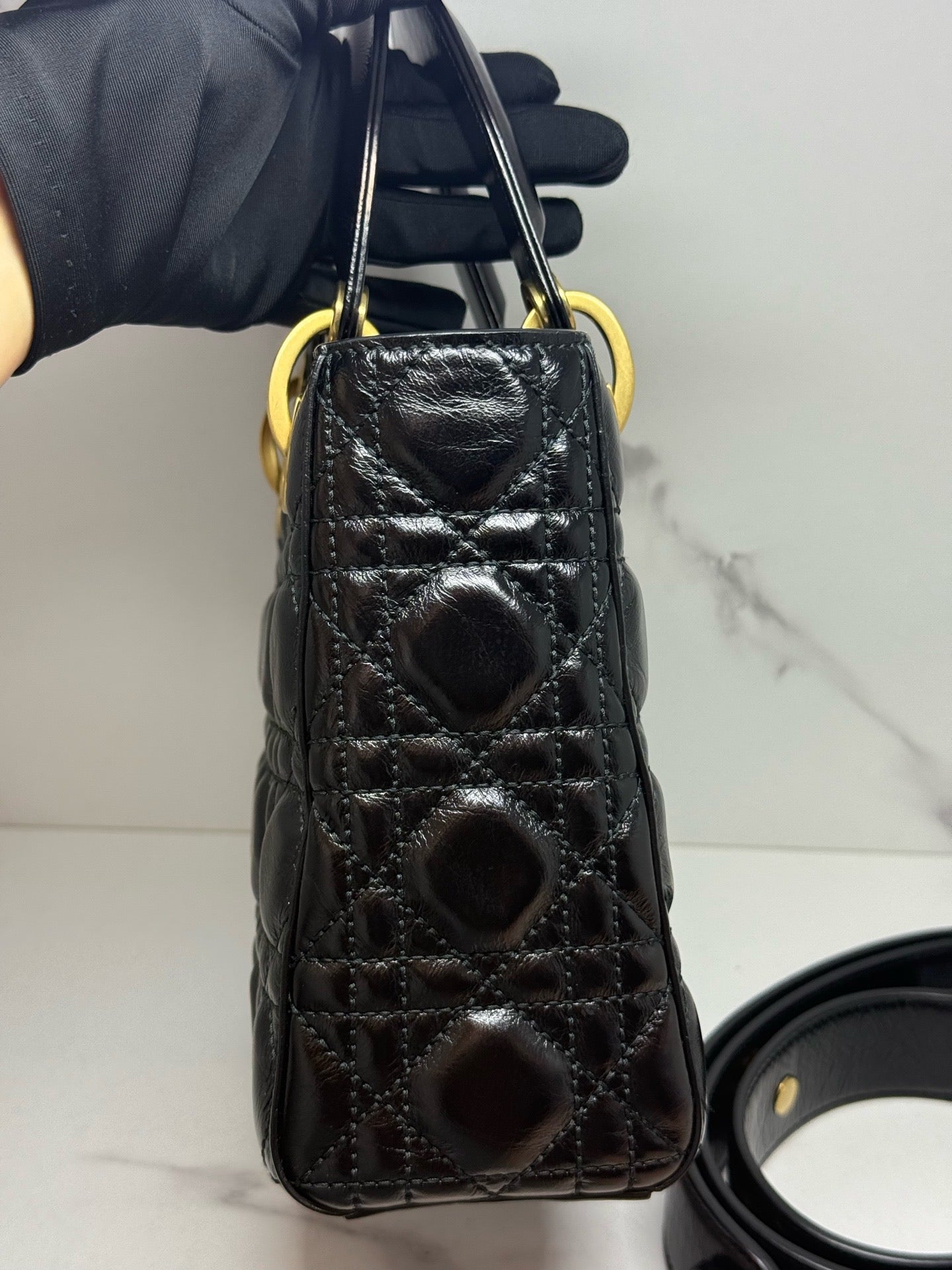 Dior Small Lady Dior Cafe Skin 2WAY Shoulder Bag Handbag Black