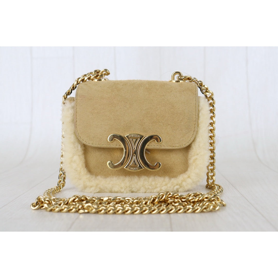 Include Entrupy Certificate of Authenticity｜Good ( Rank A) ｜CELINE Suede Shearling Triomphe Mini Chain Claude Shoulder Bag ｜S26083015