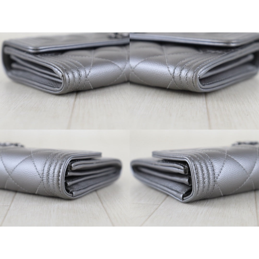 Include Entrupy Certificate of Authenticity｜Very Good ( Rank A)｜Chanel Caviar Skin Leboy  Space Silver Long Wallet Made In 2017-2018Year ｜S26090725