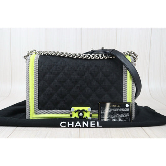 Good ( Rank AB) |CHANEL Canvas LeBoy Chain Shoulder Bag Medium Black Made In 2016-2017Year|Y24082606