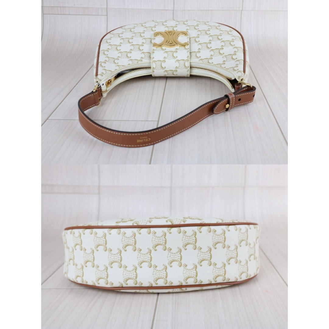Include Entrupy Certificate of Authenticity｜Very Good ( Rank A)｜ CELINE AVA Macadam Triomphe Calf Leather Shoulder Bag White ｜S26072903