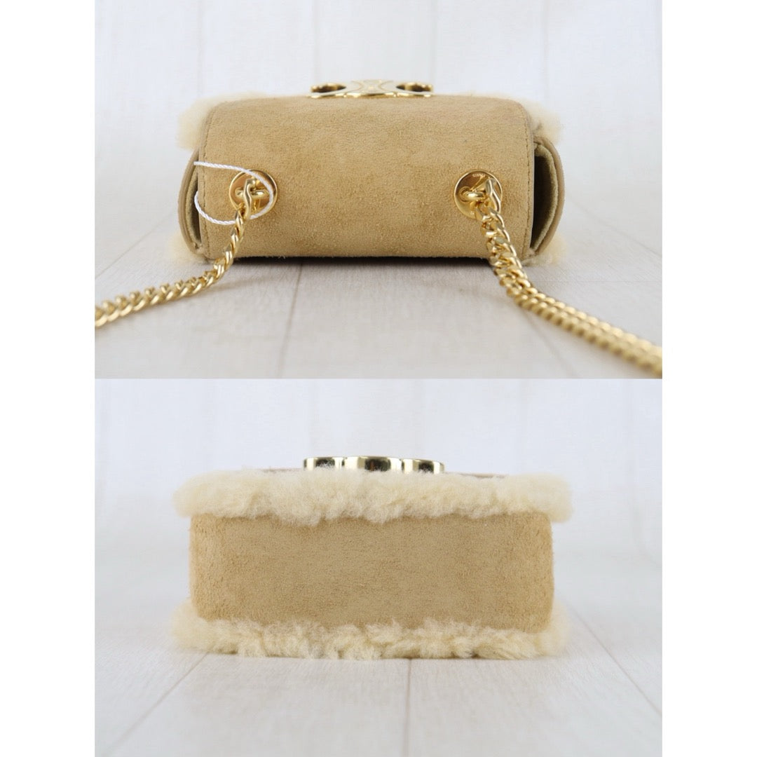 Include Entrupy Certificate of Authenticity｜Good ( Rank A) ｜CELINE Suede Shearling Triomphe Mini Chain Claude Shoulder Bag ｜S26083015