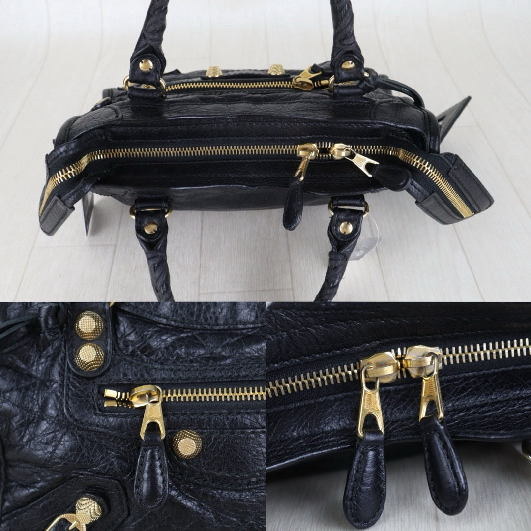 Include Entrupy Certificate of Authenticity｜Good ( Rank AB)｜Balenciaga Chevre Leather Gaint Classic Metallic Edge City Mini Black HandBag Shoulder Bag ｜Z26092903