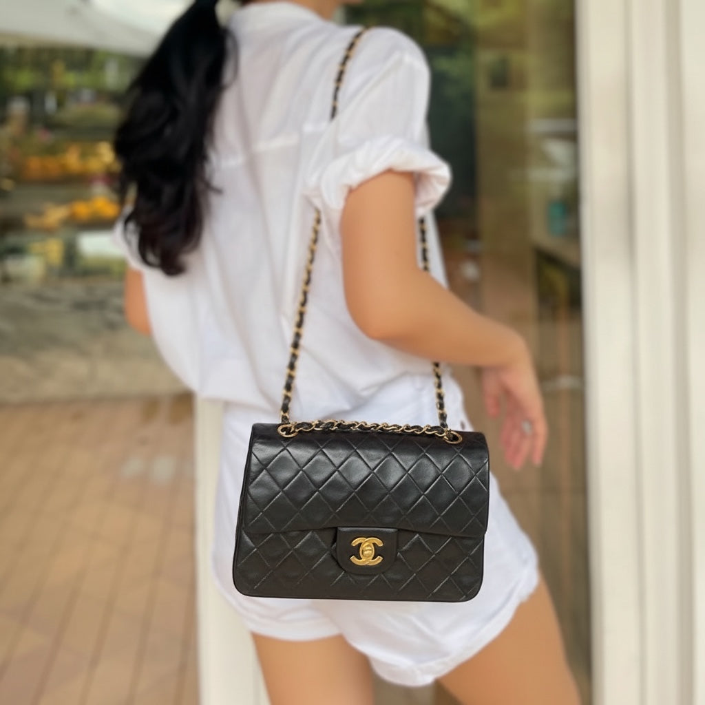 Include Entrupy Certificate of Authenticity｜Very Good ( Rank A)｜Full Set CHANEL Lamb Skin Matrasse Double Flap 23 Shoulder Bag Black Made In 1991-1994Year｜26030201