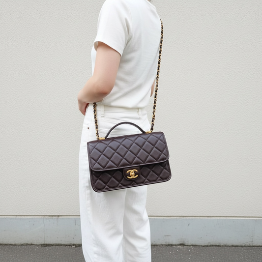 Include Entrupy Certificate of Authenticity｜Very Good ( Rank A)｜ CHANEL Matrasse  Calf Leather 22K  Flap With Top Handle Shoulder Bag Chocolate IC Chips Model ｜A26030617