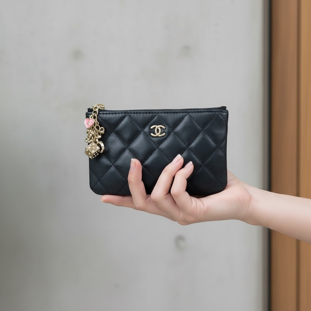 Include Entrupy Certificate of Authenticity｜Very Good ( Rank A)｜CHANEL Lamb Skin Lucky Charm Black Classic Mini Pouch Made In 2016-2017Year｜S26060114