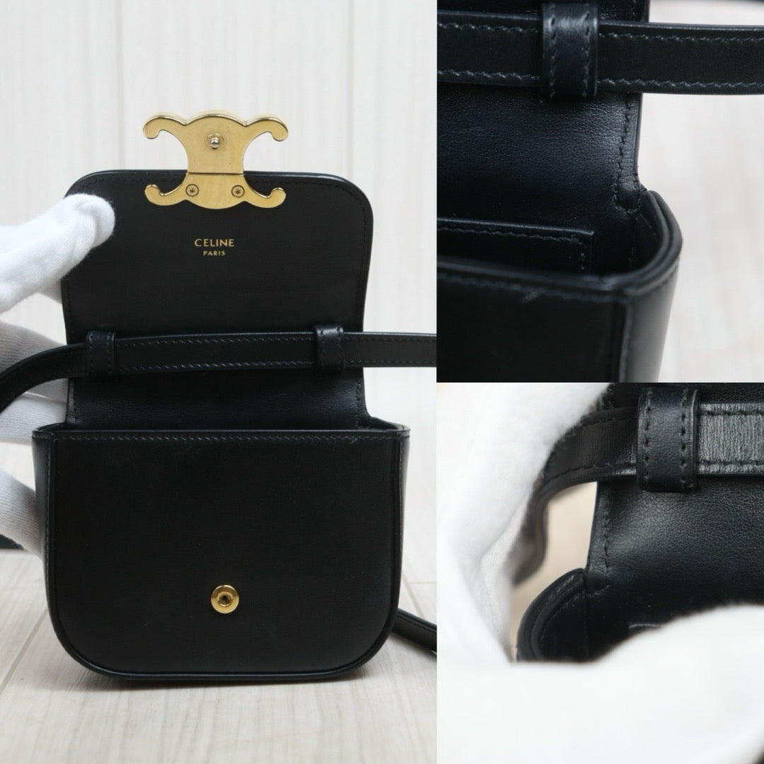 Include Entrupy Certificate of Authenticity｜Very Good ( Rank A)｜ CELINE Shiny Calfskin Mini Triomphe Shoulder Bag Black Golden Hardware｜26081803