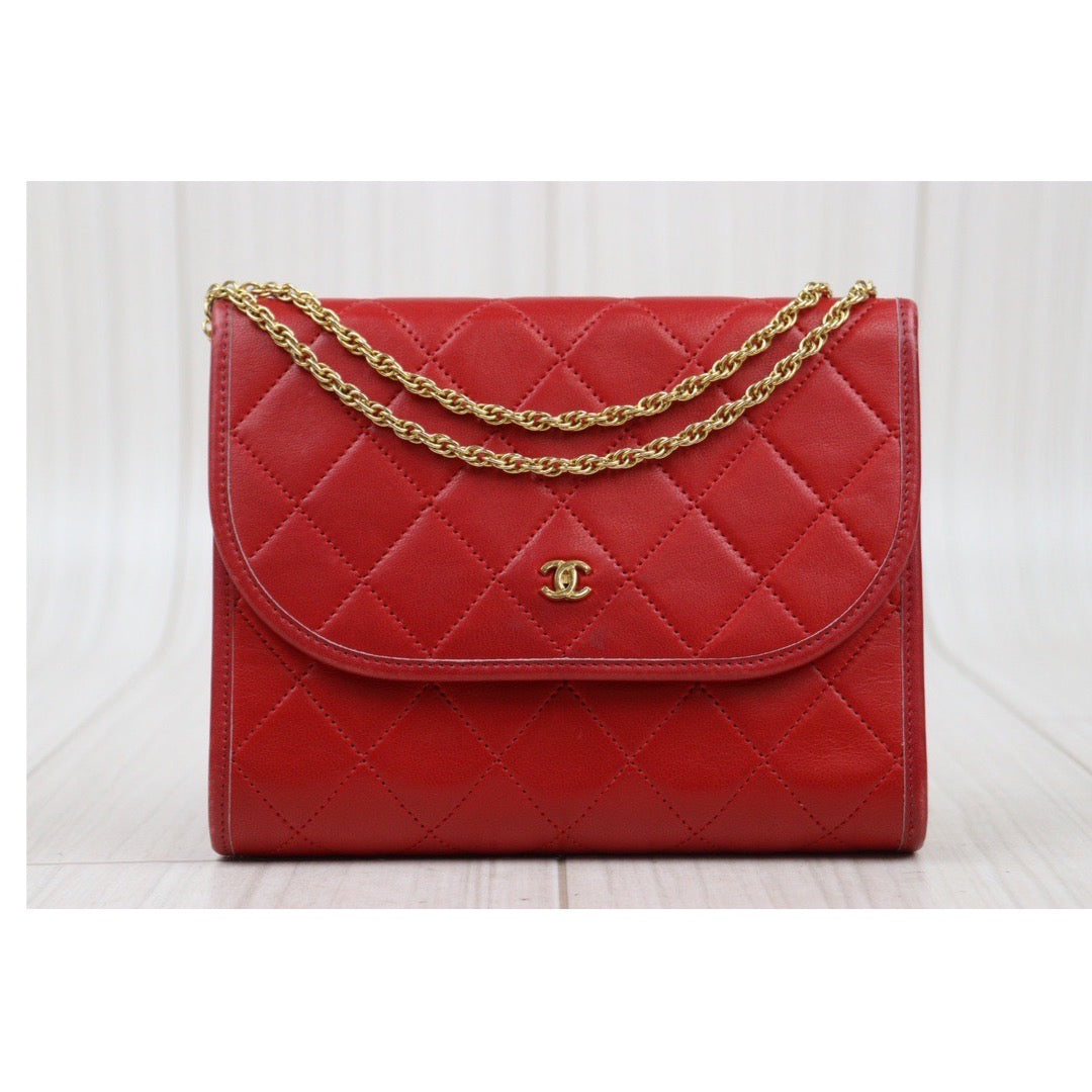 Rank A｜ CHANEL Mini Coco Mark Matrasse Lambskin Chain Shoulder Bag Red｜V24040302