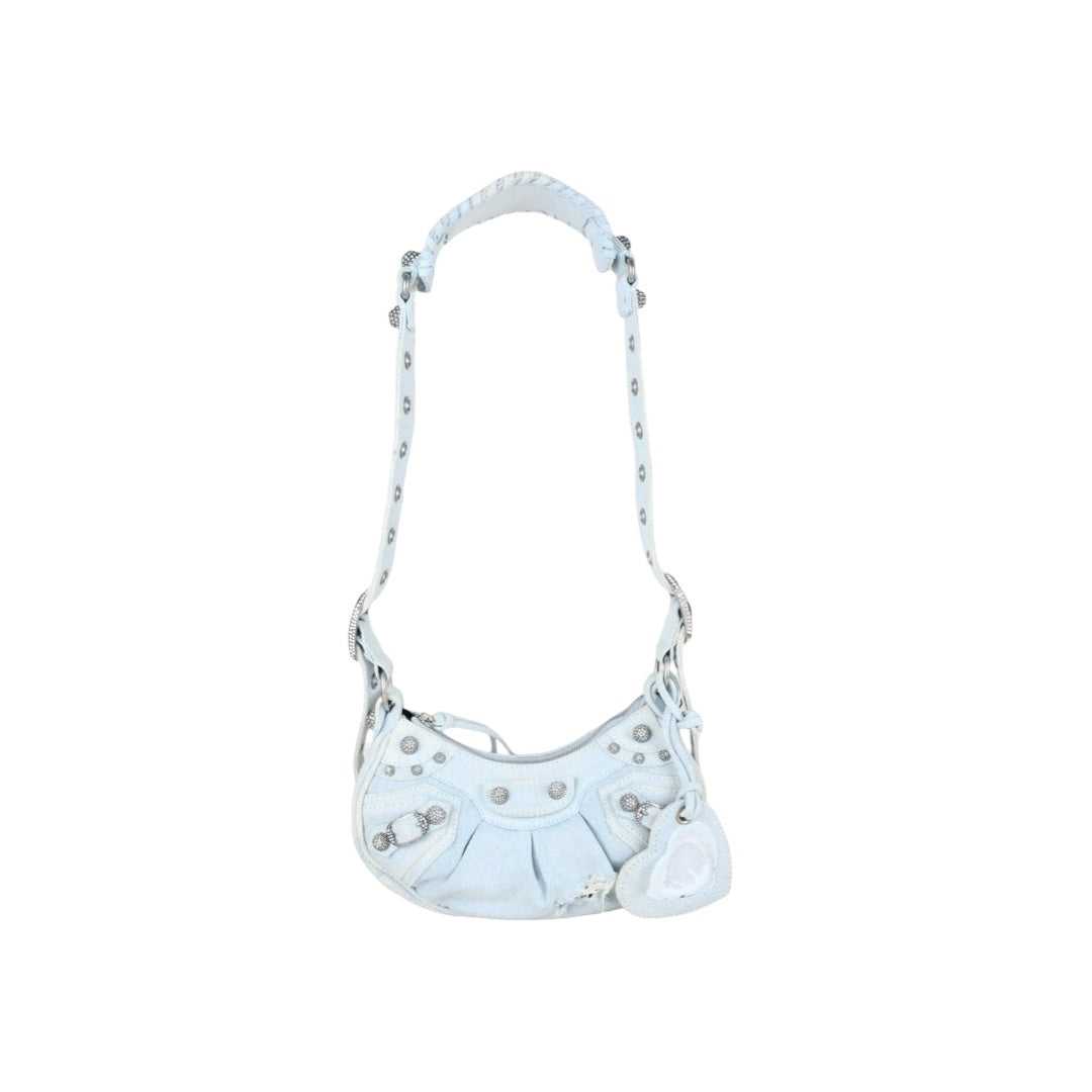 Very Good ( Rank A)｜Balenciaga Denim With Rhinestones Le cargole XS Shoulder Bag Light Blue ｜S25110309