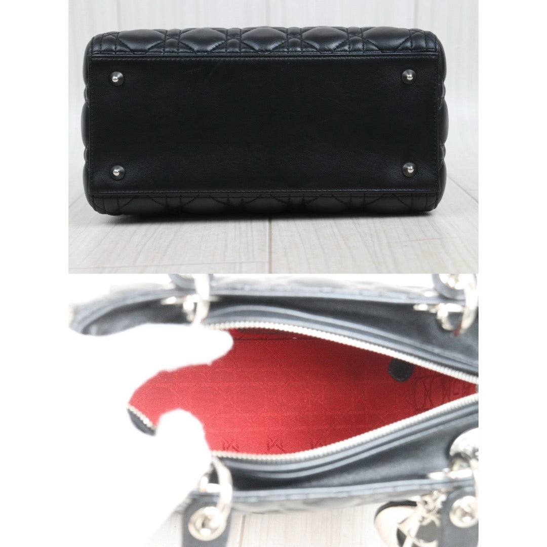 Very Good ( Rank A) ｜  Dior Lady Dior Lamb Skin 2WAY Shoulder Bag Handbag Black  ｜S25083002