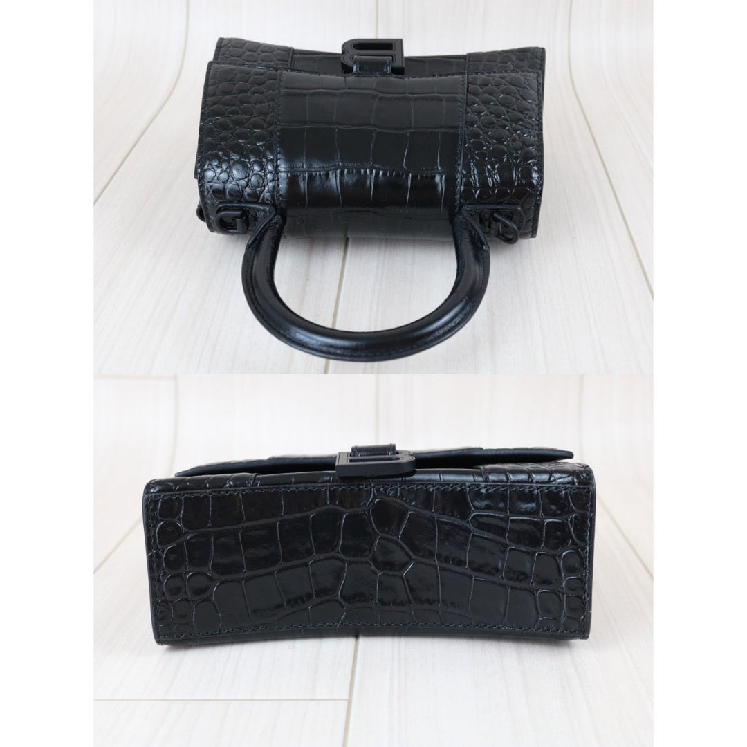 Include Entrupy Certificate of Authenticity｜Very Good ( Rank A)｜Balenciaga Crocodile Embossed Calfskin So Black Hourglass Hand Bag Shoulder Bag XS｜Z26091606