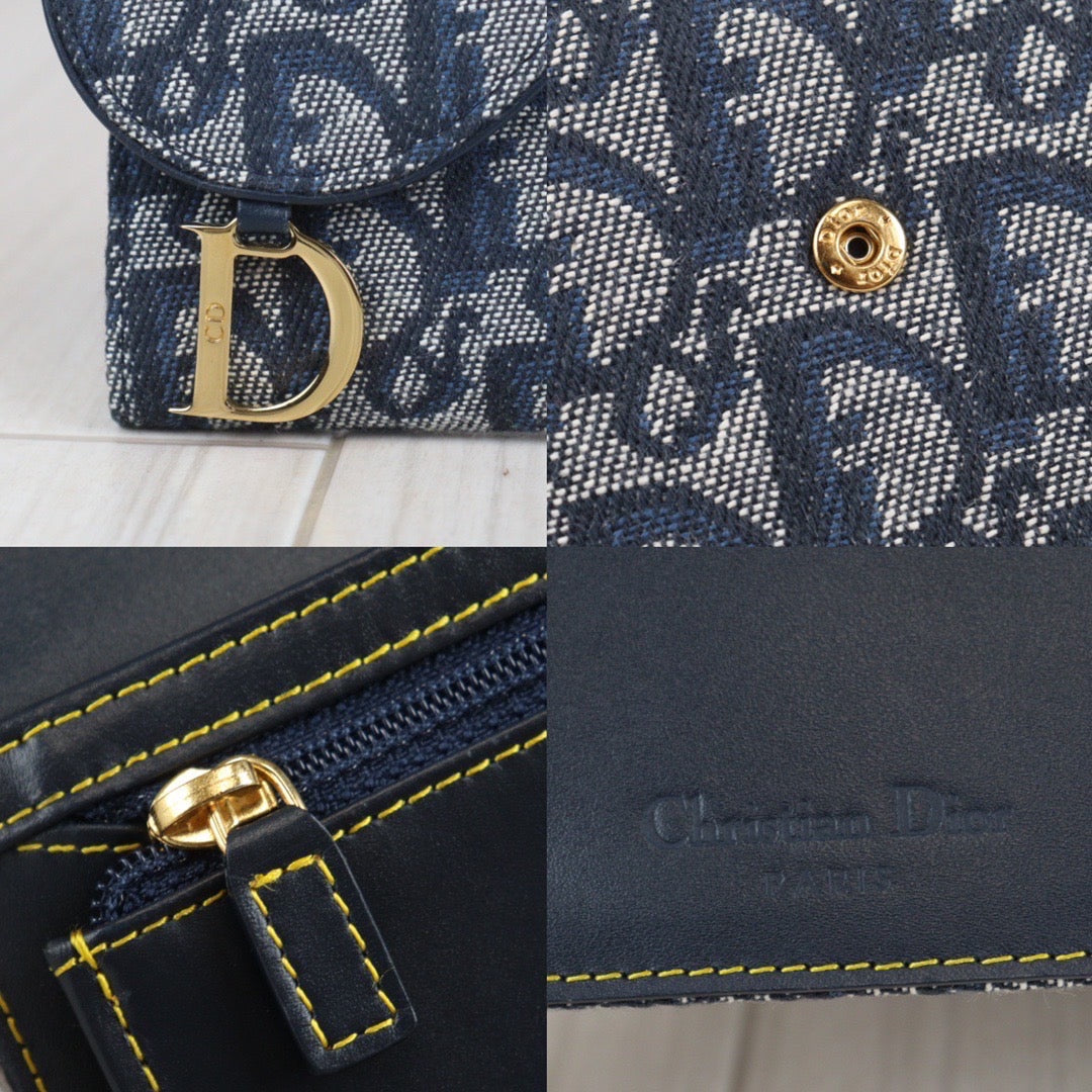 Rank A ｜ Dior Trotter Saddle Tri-fold Long Wallet Jacquard Leather Navy｜23080913