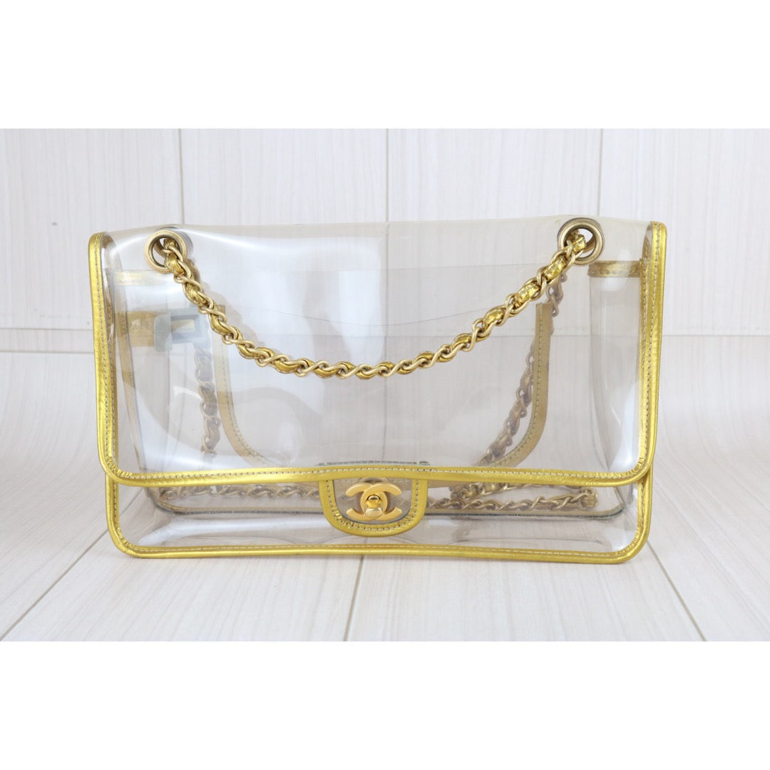 Include Entrupy Certificate of Authenticity｜Good ( Rank AB) ｜ CHANEL Vintage Clear PVC Gold Trim Classic Flap  Chain Bag Made In 2006-2008 Year｜S26083011