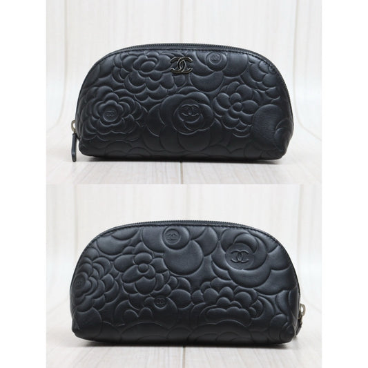 Include Entrupy Certificate of Authenticity｜Very Good ( Rank A)｜ CHANEL Lambskin Camellia Cosme Pouch Black Made In 2012Year｜26022403