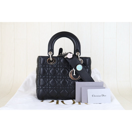 Very Good ( Rank A) ｜  Dior Lady Dior Lamb Skin 2WAY Shoulder Bag Handbag Black  ｜H25011104