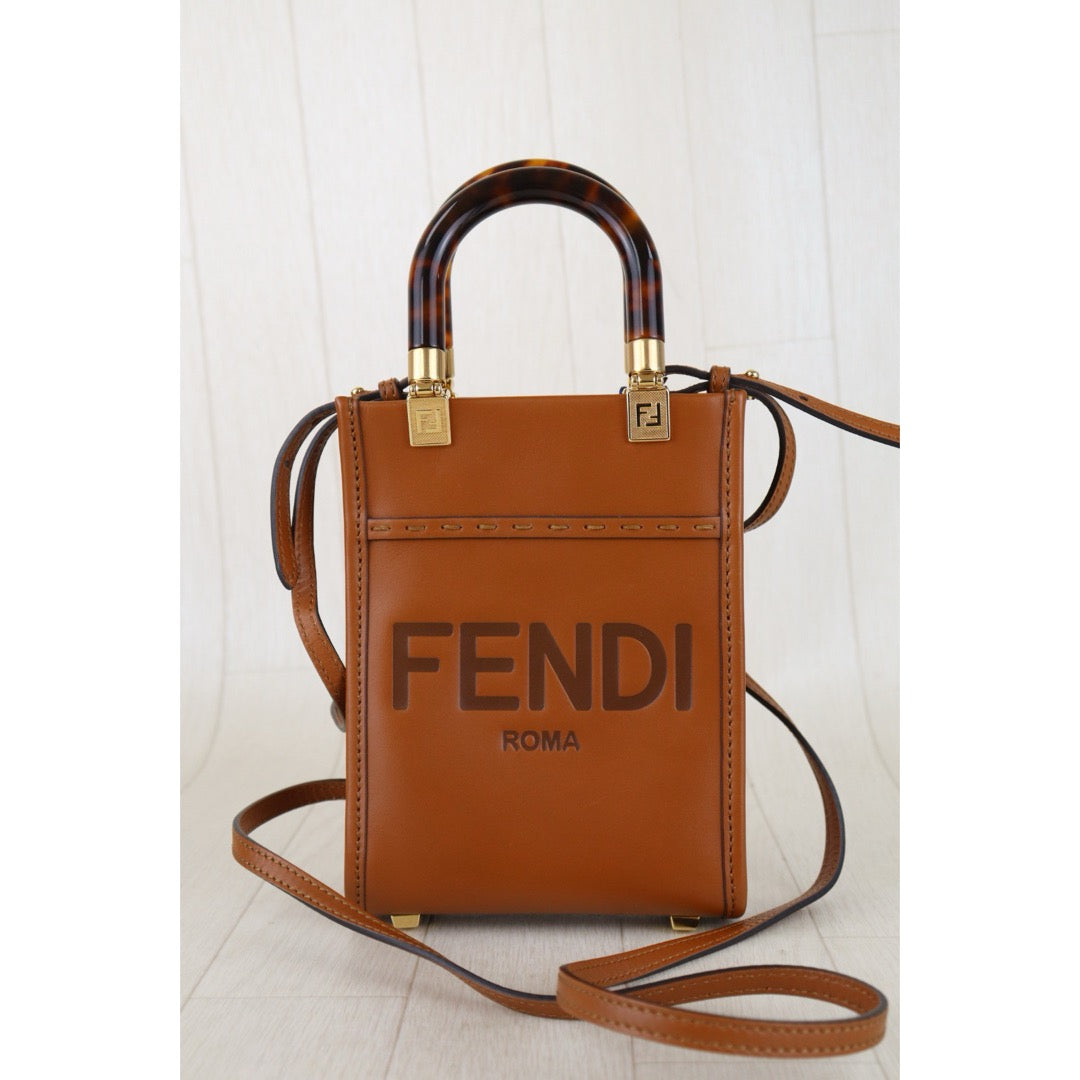 Include Entrupy Certificate of Authenticity｜Very Good ( Rank A)｜ FENDI Calfskin Leather Sunshine Mini  Tote Bag Shoulder Bag Brown｜S26030821