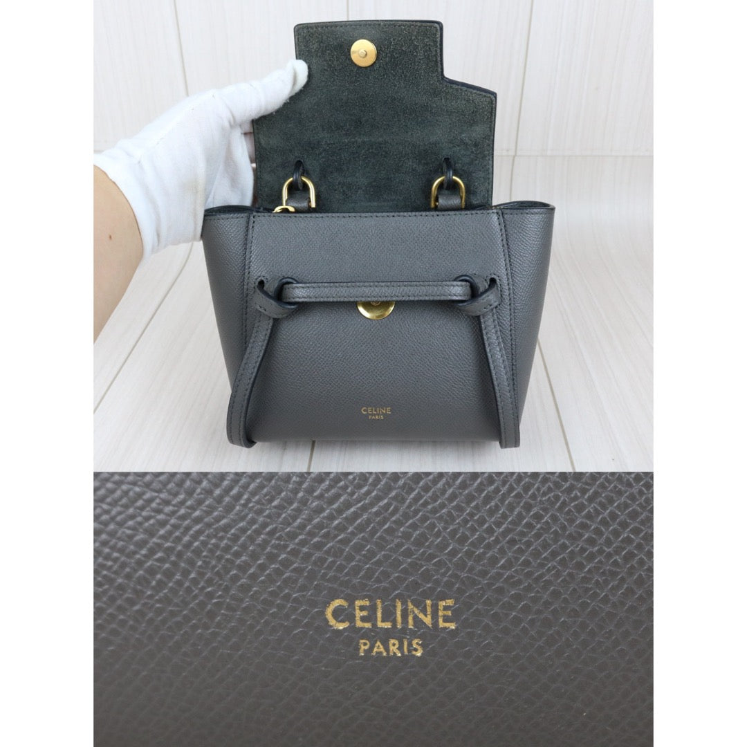 Include Entrupy Certificate of Authenticity｜Very Good ( Rank A)｜CELINE Calf Leather Belt Pico Handbag Shoulder Bag Etoupe Gray｜X26100714