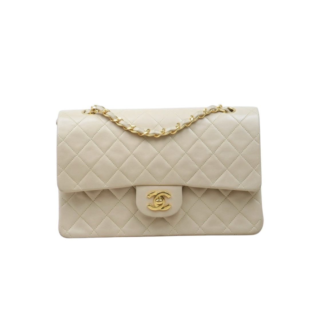 Good ( Rank AB)｜ CHANEL  Lamb Skin Beige Double Flap 25 Shoulder Bag Made in 1991-1994 Year ｜P24122006