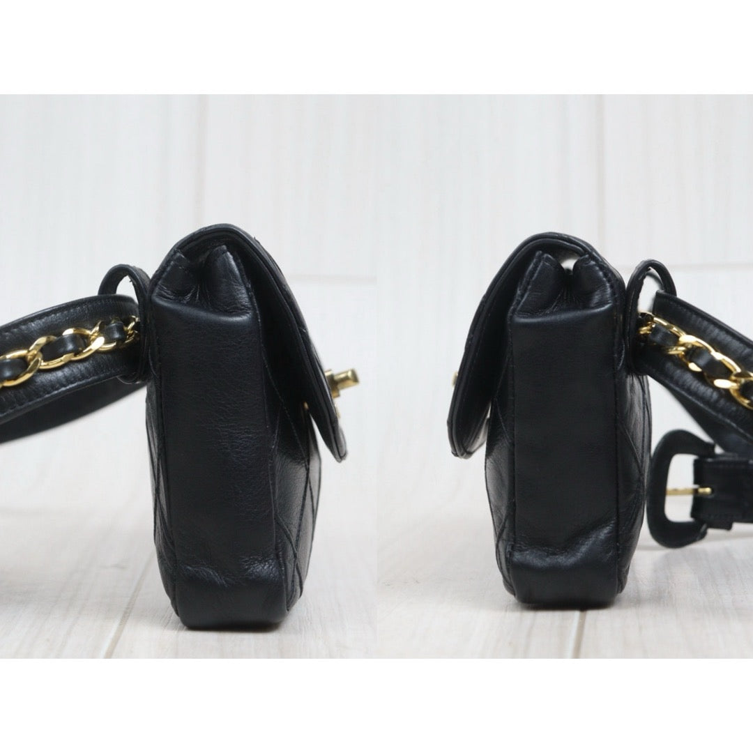 Include Entrupy Certificate of Authenticity｜Good ( Rank AB)｜ CHANEL Lamb Skin Matrasse Chain BumBag Black ｜26071502