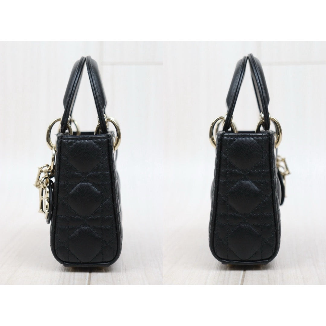 Very Good ( Rank A) ｜  Dior Mini Lady Dior Lamb Skin 2WAY Shoulder Bag Handbag Black  ｜S25110431