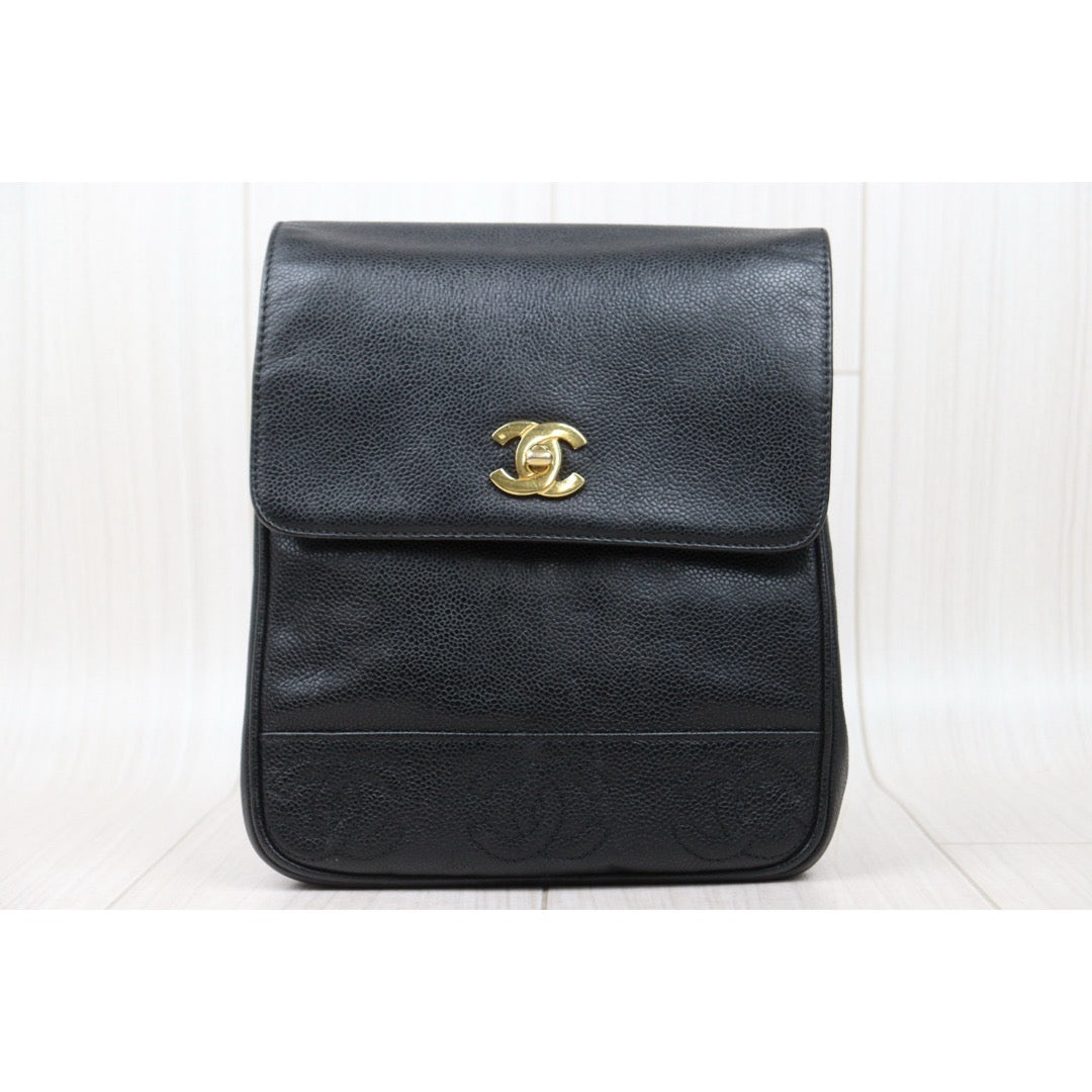 Good ( Rank AB)｜CHANEL  Caviar Skin Leather Calf Leather Backpack  Black Made in 1996-1997Year｜P25041405