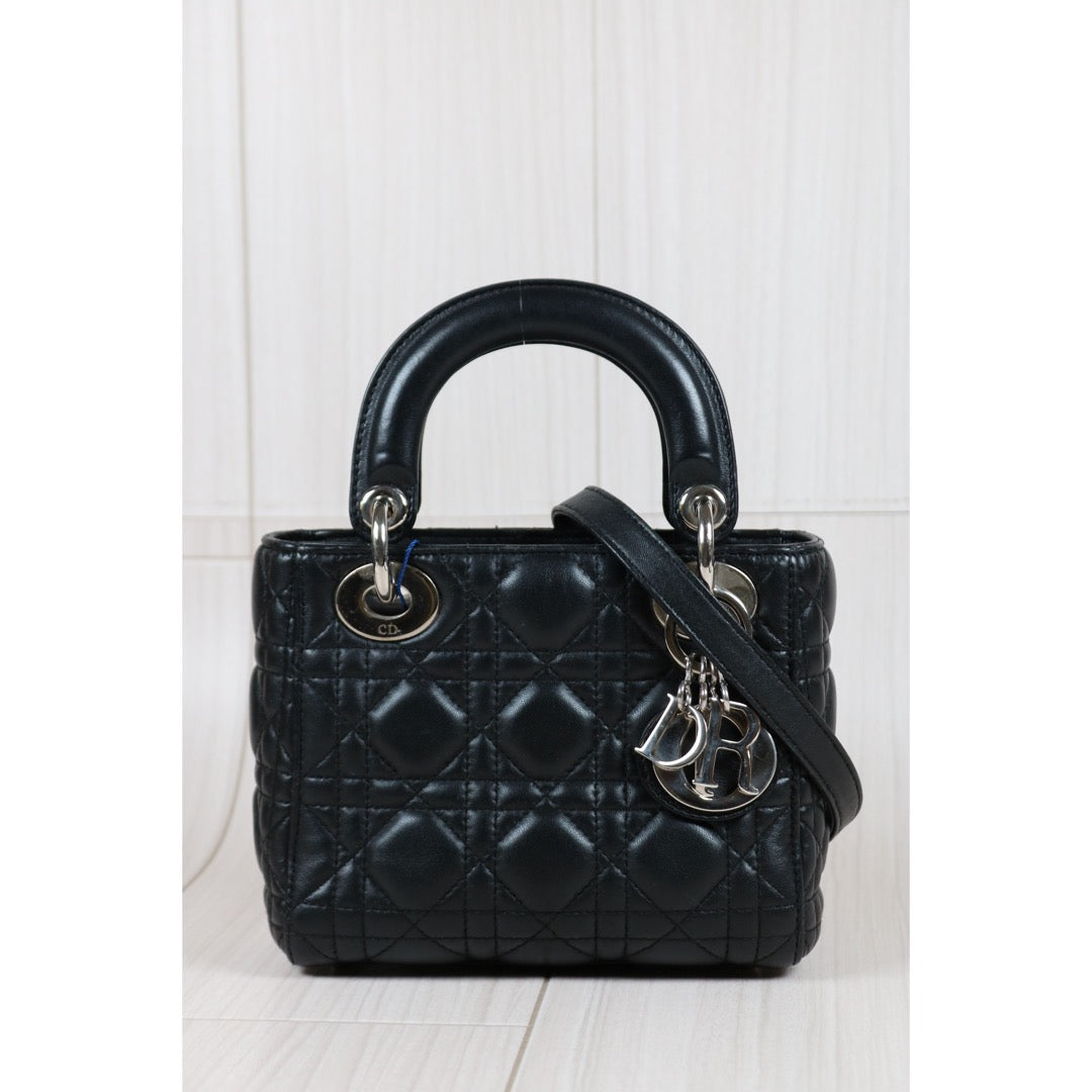 Rank A ｜  Dior Mini Lady Dior Lamb Skin 2WAY Shoulder Bag Handbag Black  ｜S24042902