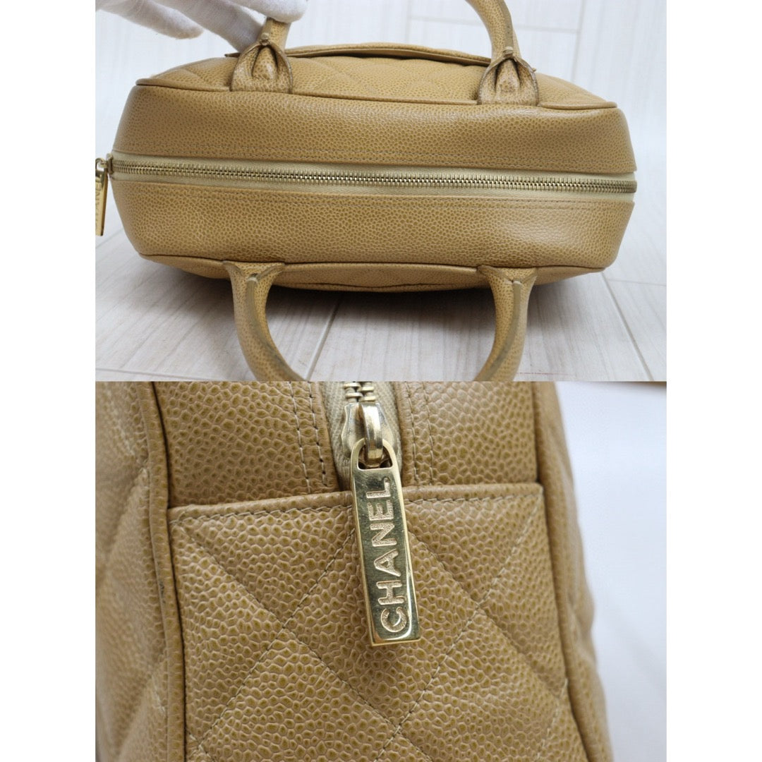 Good ( Rank AB)｜ CHANEL Caviar Skin Leather Calf Leather Bowling Hand Bag Beige Made In 2003～2004Year｜P25051601