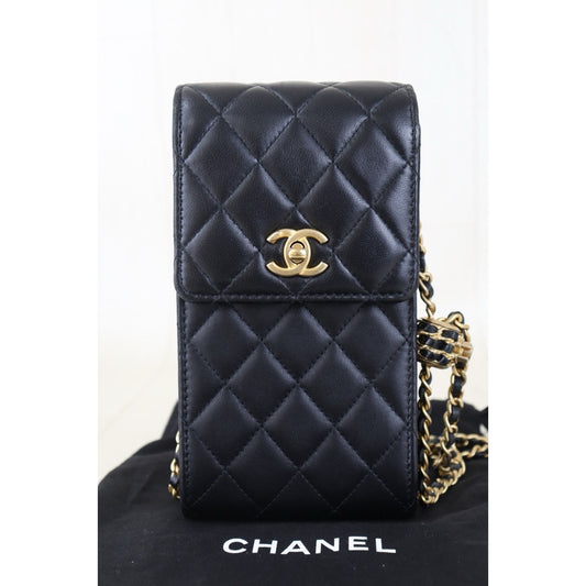Include Entrupy Certificate of Authenticity｜Very Good（Rank A）｜CHANEL Lamb Skin  Flap Phone Holder Chain Shoulder Bag Black Made In 2022-2023 Year ｜Z26101202