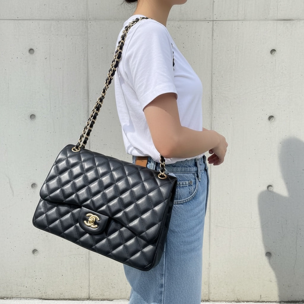 Include Entrupy Certificate of Authenticity｜Good ( Rank AB)｜ CHANEL Matrasse Chain Lamb Skin Jumbo Black  Made In 2015-2016 Year｜S26041401