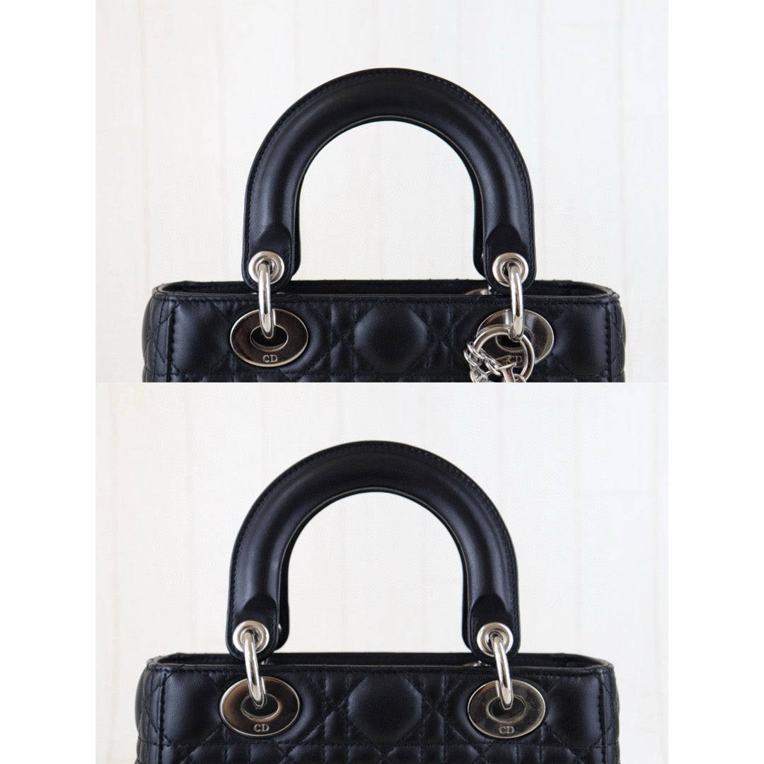 Very Good ( Rank A) ｜  Dior Lady Dior Lamb Skin 2WAY Shoulder Bag Handbag Black  ｜H25011104