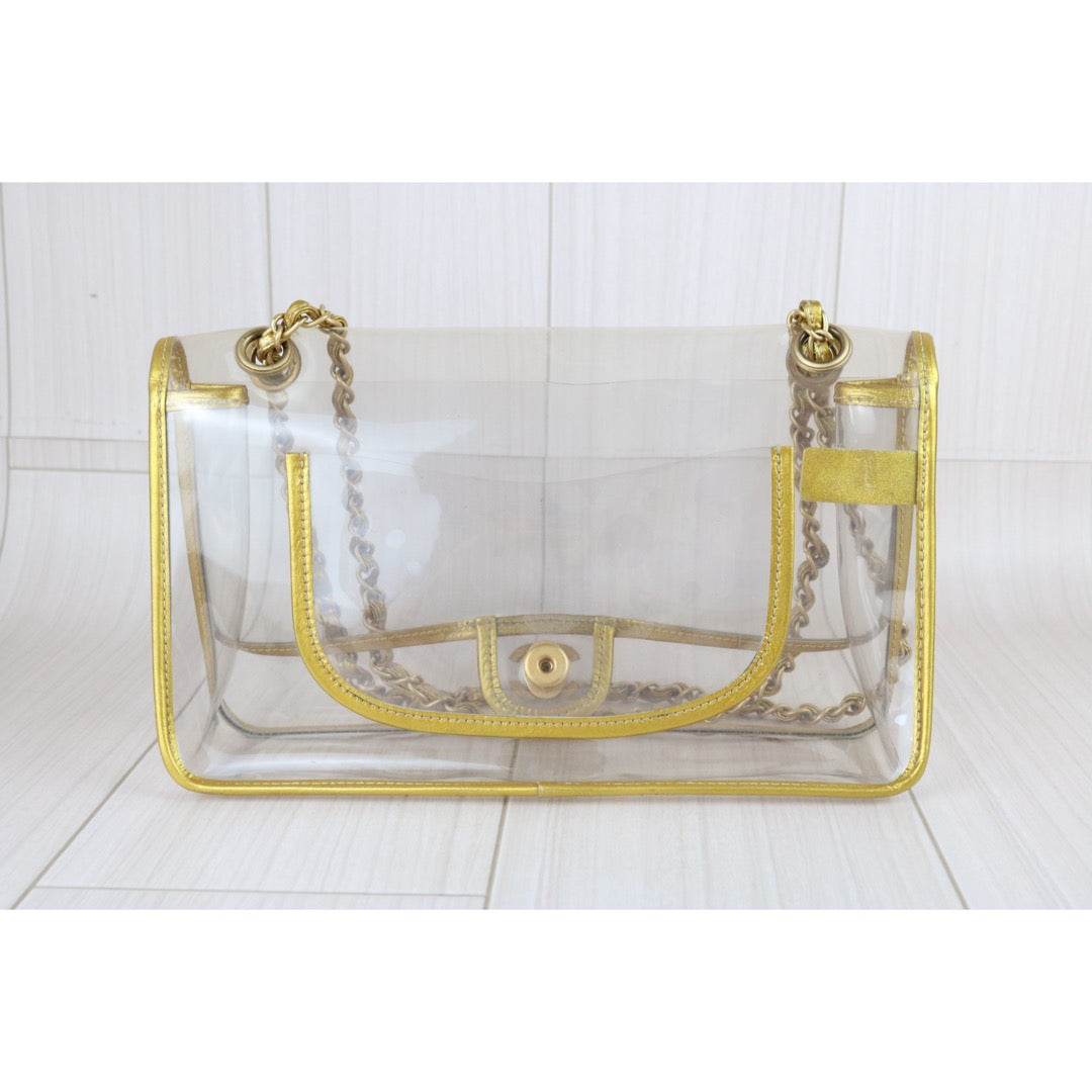 Include Entrupy Certificate of Authenticity｜Good ( Rank AB) ｜ CHANEL Vintage Clear PVC Gold Trim Classic Flap  Chain Bag Made In 2006-2008 Year｜S26083011
