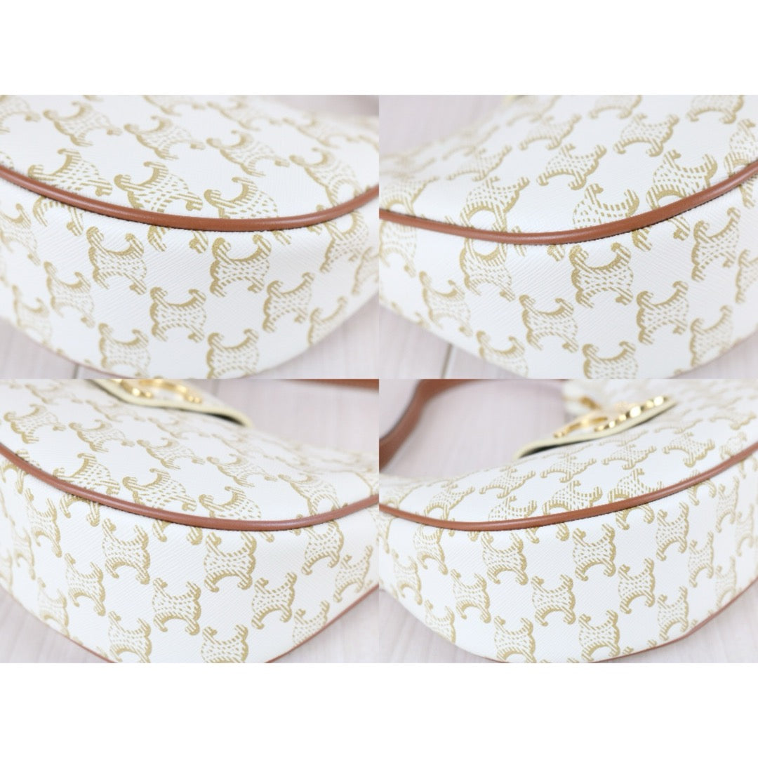 Include Entrupy Certificate of Authenticity｜Very Good ( Rank A)｜ CELINE AVA Macadam Triomphe Calf Leather Shoulder Bag White ｜S26072903