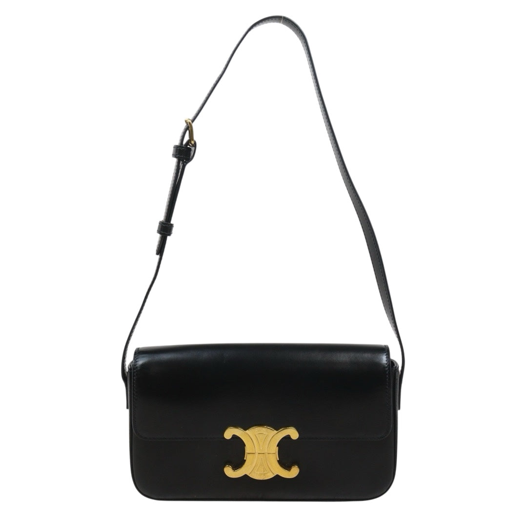 Good ( Rank AB) ｜CELINE Calf Leather Triomphe Black Shoulder Bag Golden Hardware｜S25090105