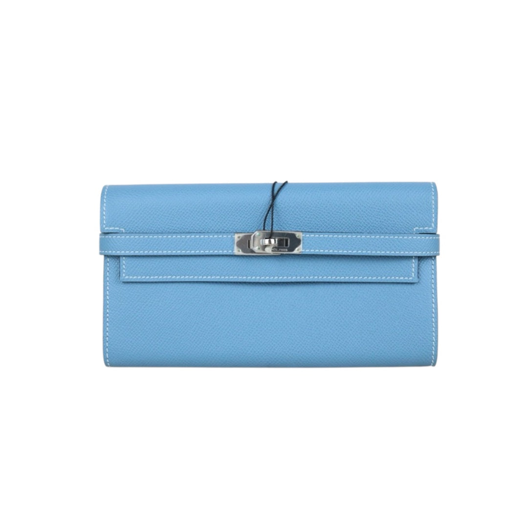 Include Entrupy Certificate of Authenticity｜Very Good ( Rank A)｜ HERMES Goatskin Kelly Long Wallet Etoupe □O Stamp Made In 2011Year Bleu Jean｜X26100708