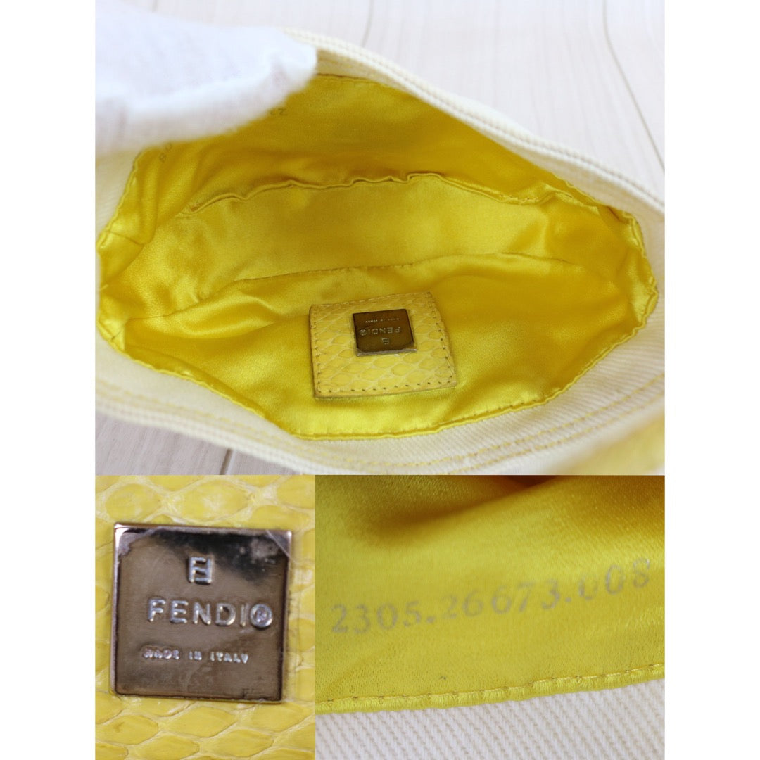 Include Entrupy Certificate of Authenticity｜Good ( Rank AB)｜ FENDI White Denim and Yellow Python Mini Croissant Shoulder Bag ｜X26090802