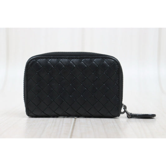Good ( Rank AB)| Bottega Veneta Lamb Skin Braid Black Wallet Card Holder Coin Purse|25090111