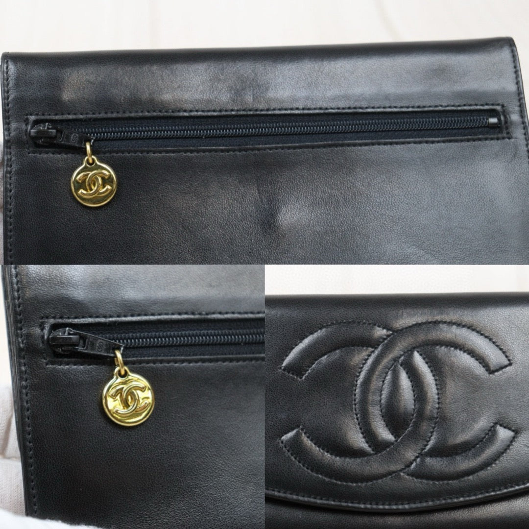 Good ( Rank AB)｜CHANEL Lambskin Black Long Wallet Made In 1991-1994 Year｜W24120911