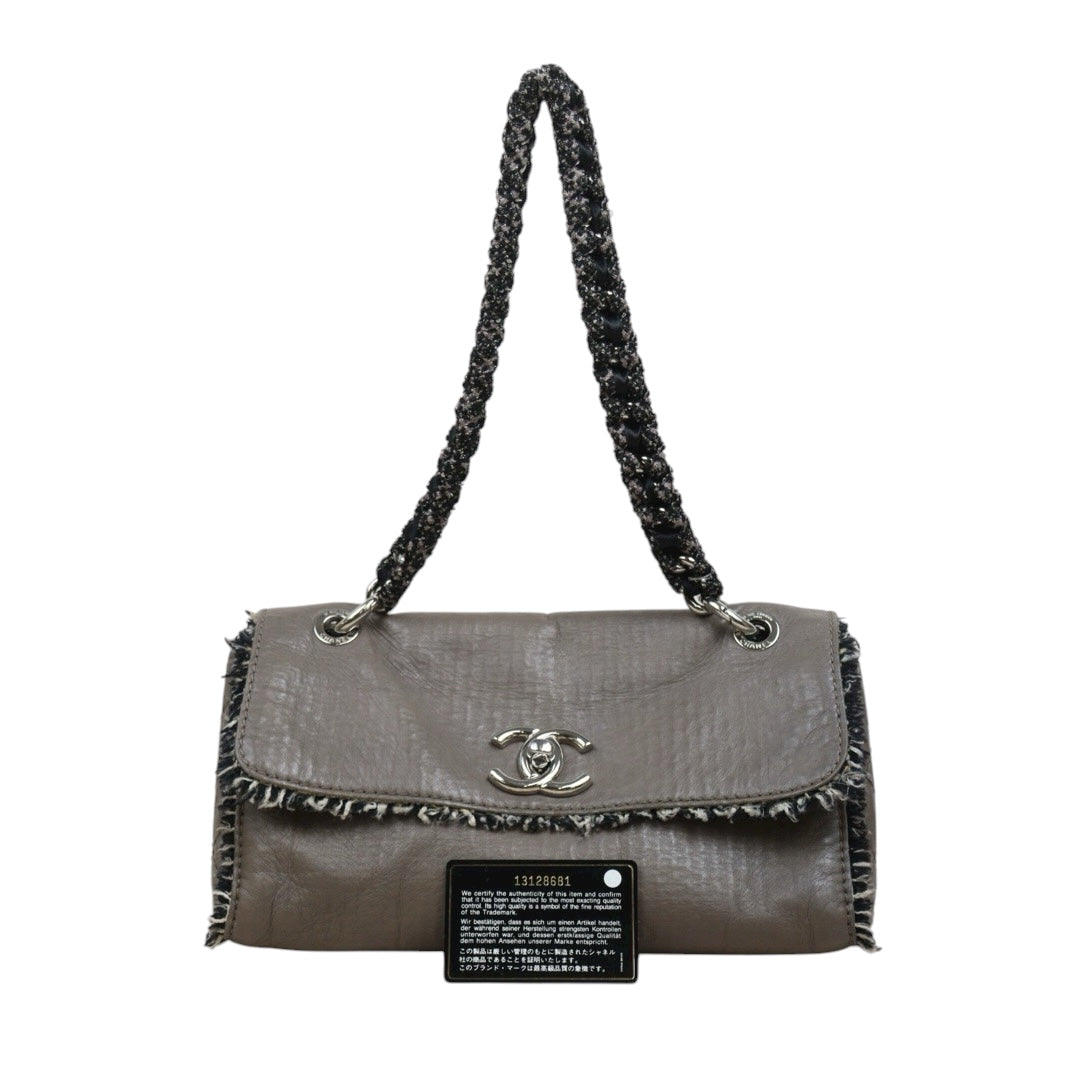 Good ( Rank AB)｜ CHANEL Calf Leather Woolen Matrasse Chain Shoulder Bag Etoupe Gray Made In 2009- 2010Year｜Y25110410