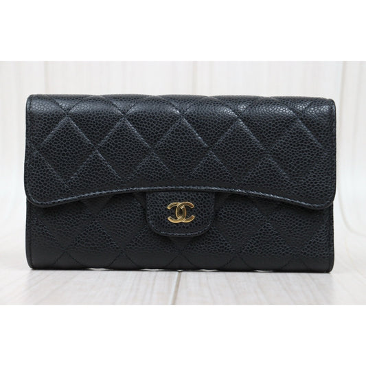 Very Good ( Rank A) |CHANEL Caviar Skin Black Long Wallet Made In 2014 - 2015Year|S25021007