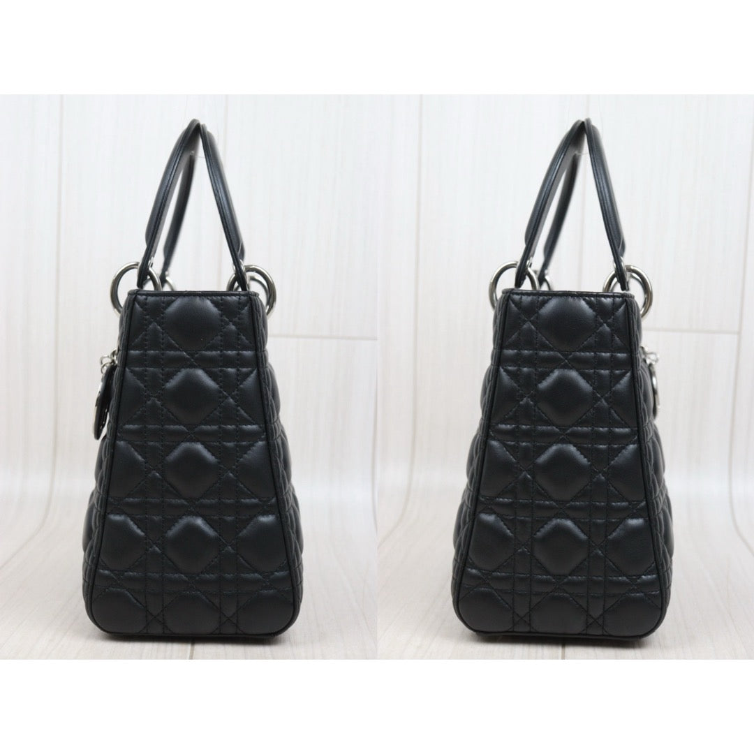 Very Good ( Rank A) ｜  Dior Lady Dior Lamb Skin 2WAY Shoulder Bag Handbag Black  ｜S25083002