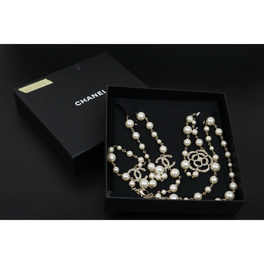 Very Good ( Rank A)｜ CHANEL Coco Mark Camellia Pearl Rhinestone  Necklace｜S25110440