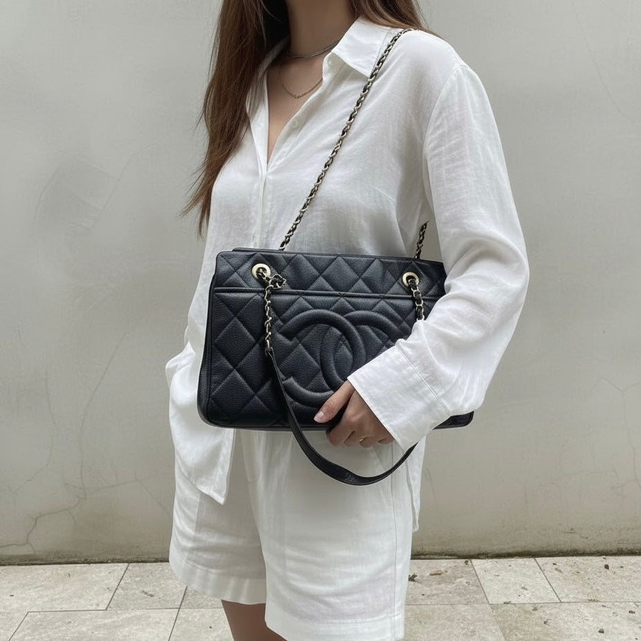 Include Entrupy Certificate of Authenticity｜Very Good ( Rank A)｜ CHANEL Caviar Skin  Matrasse Chain Tote Bag Black Made In 2012-2013Year｜X26051714
