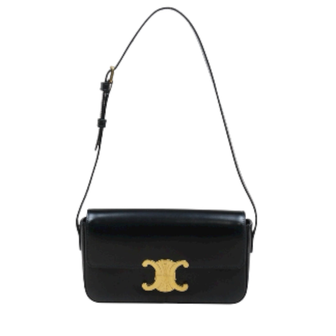 Good ( Rank AB) ｜CELINE Calf Leather Triomphe Black Shoulder Bag Golden Hardware｜S25110429