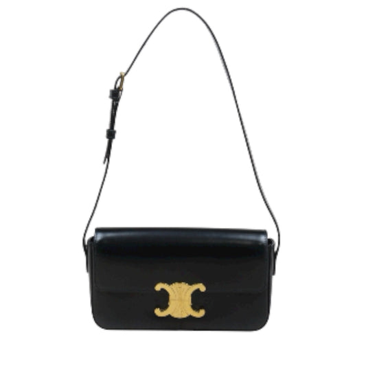 Good ( Rank AB) ｜CELINE Calf Leather Triomphe Black Shoulder Bag Golden Hardware｜S25110429