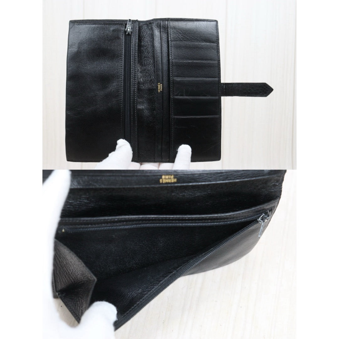 Good ( Rank AB)｜ HERMES Bearn Black Crocodile skin Long Wallet 〇V Stamp Made In 1992Year｜25112604