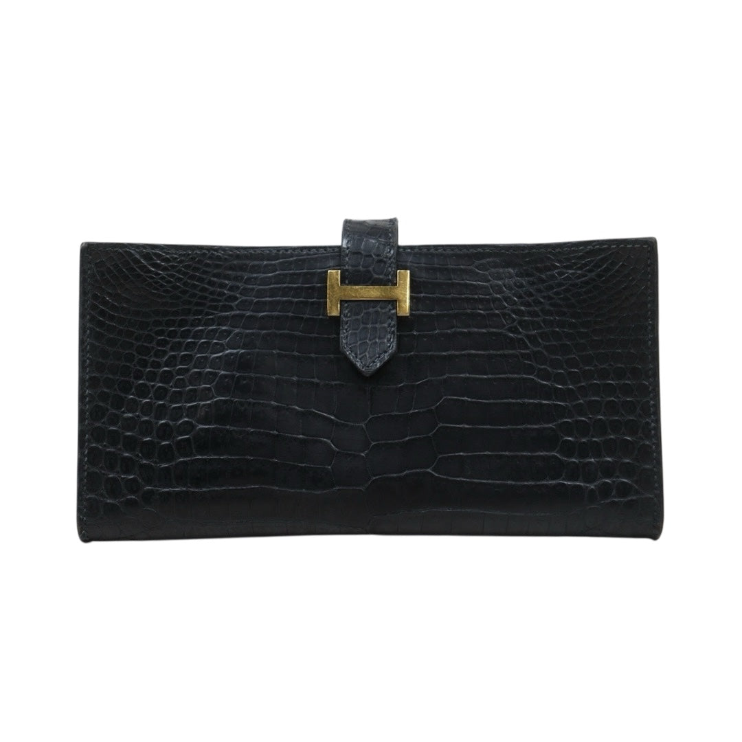 Good ( Rank AB)｜ HERMES Bearn Black Crocodile skin Long Wallet 〇V Stamp Made In 1992Year｜25112604